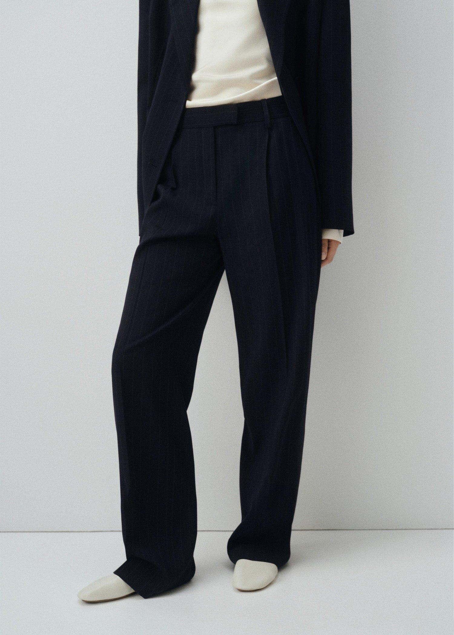 Navy Pinstripe Suit Trousers, Navy, large image number 0