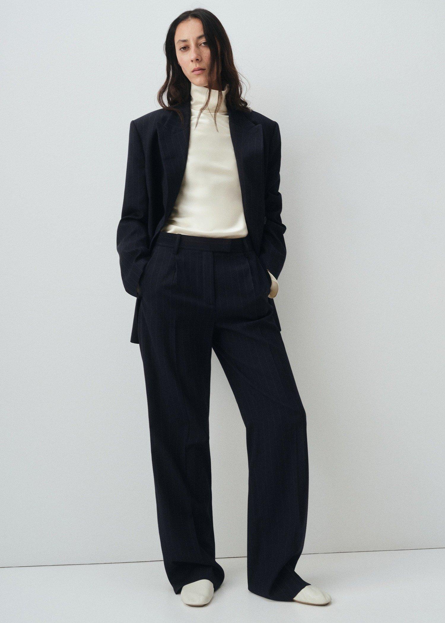 Navy Pinstripe Suit Trousers, Navy, large image number 1