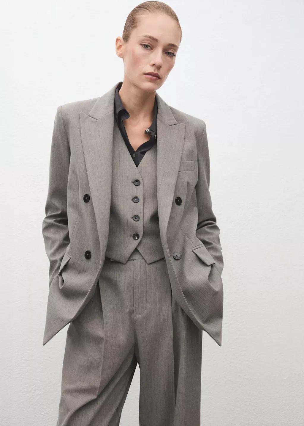 Grey Double-Breasted Wool Blend Blazer, 0201_92, large image number 0