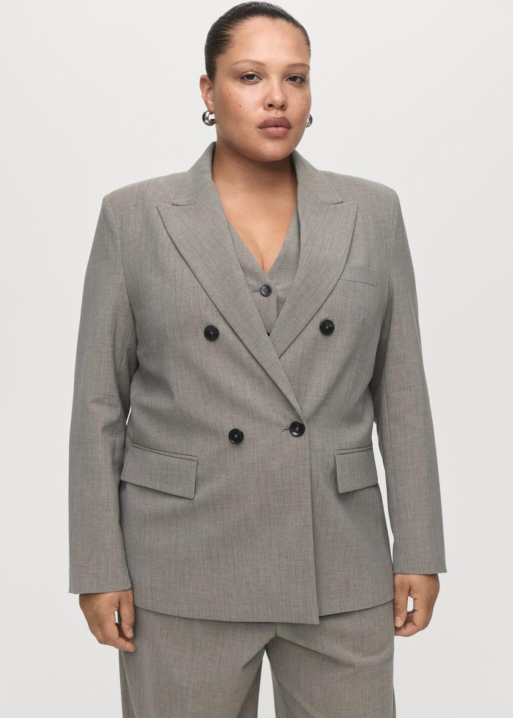 Grey Double-Breasted Wool Blend Blazer, 0201_92, large image number 6