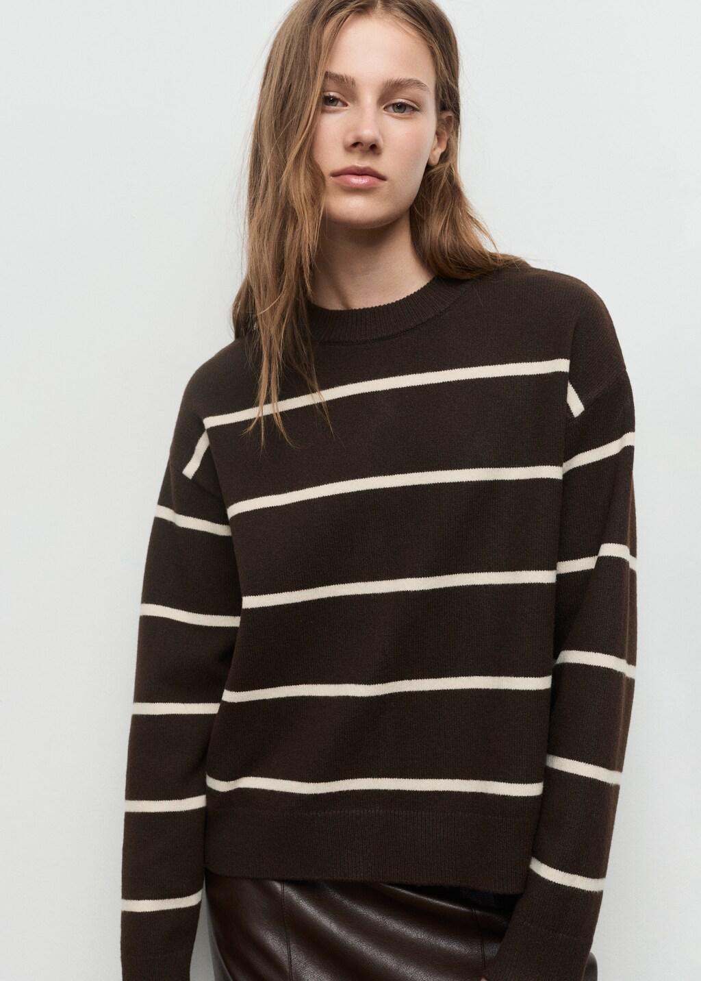 Brown Knit Striped Sweater, Dark Brown, large image number 3