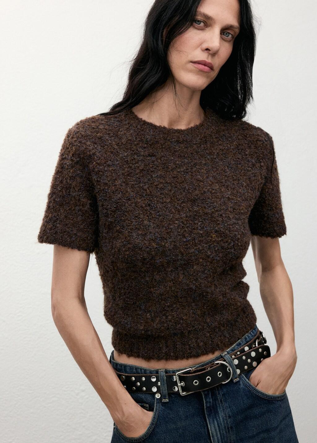 Brown Boucla Short-Sleeved Sweater, Dark Brown, large image number 3