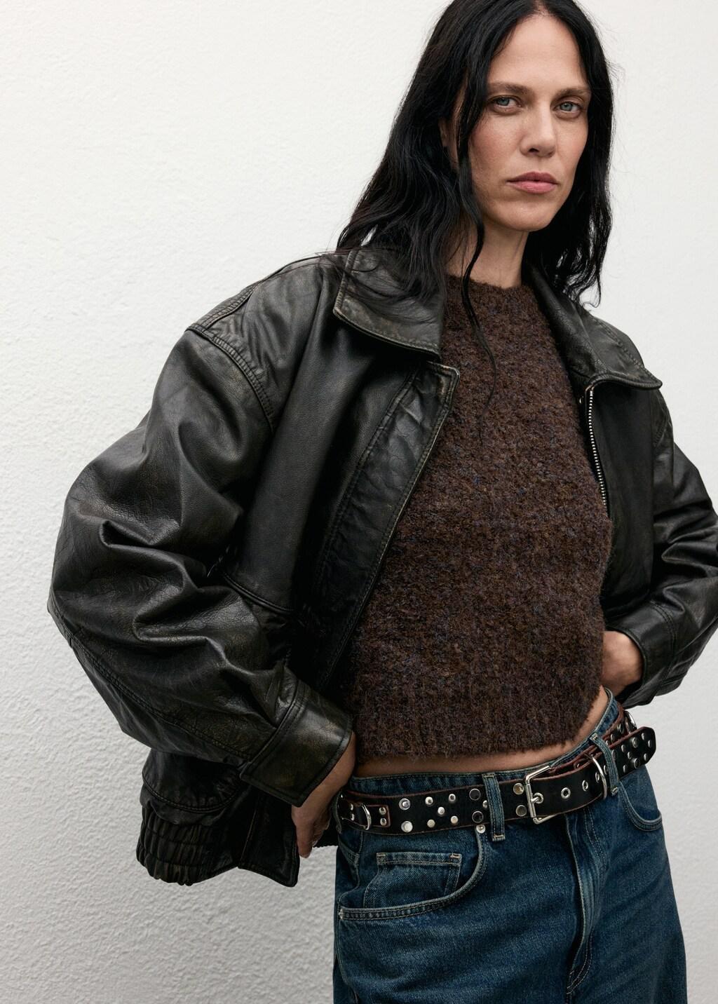 Brown Boucla Short-Sleeved Sweater, Dark Brown, large image number 4