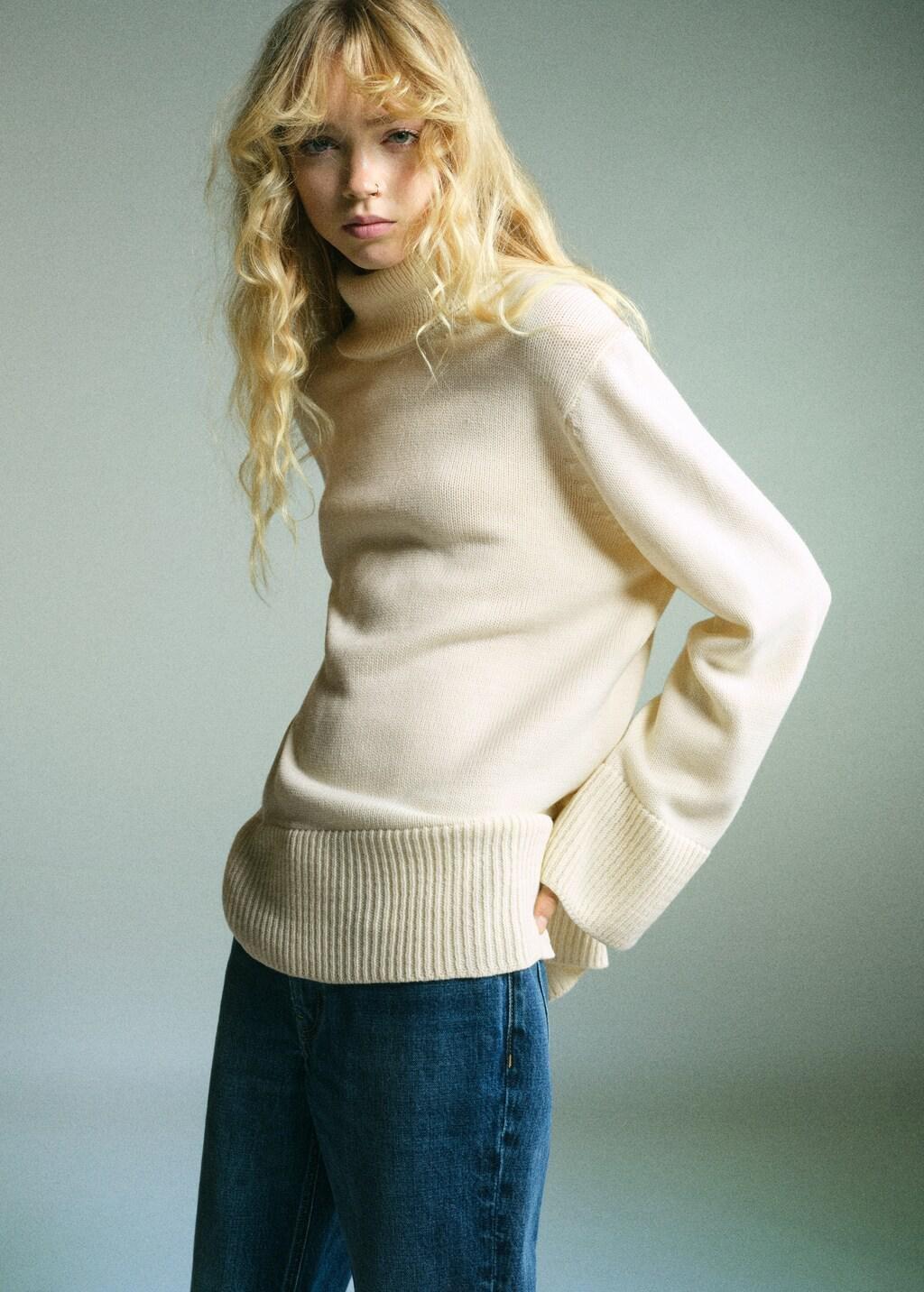 Beige Turtleneck Sweater With Slits, Light Beige, large image number 3