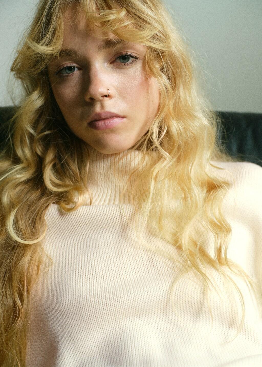 Beige Turtleneck Sweater With Slits, Light Beige, large image number 4