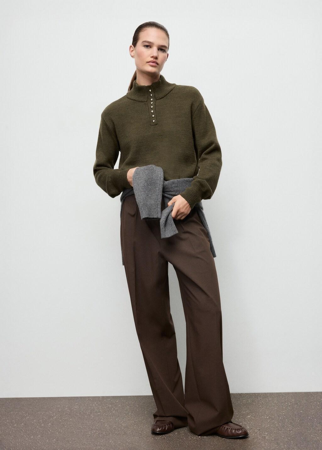 BEIGE - KHAKI Perkins-neck sweater with button, 0201_37, medium