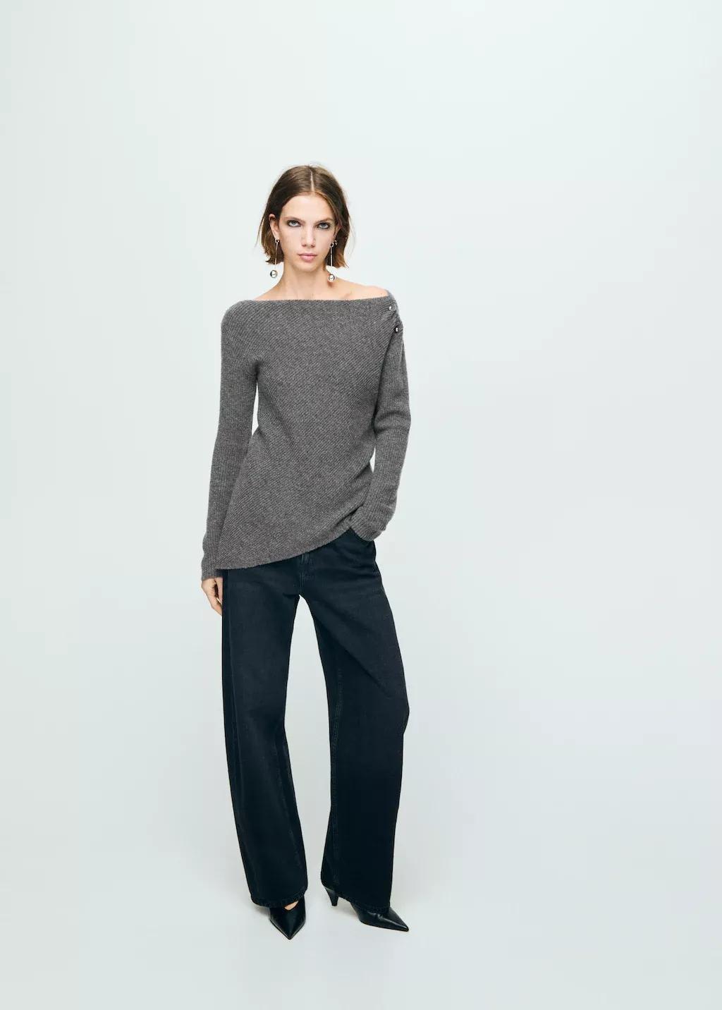 Grey Asymmetrical Sweater With Metallic Detail, Medium Grey, large image number 0
