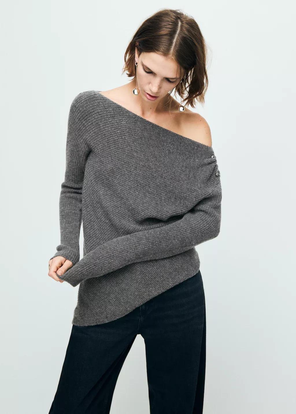 Grey Asymmetrical Sweater With Metallic Detail, Medium Grey, large image number 3