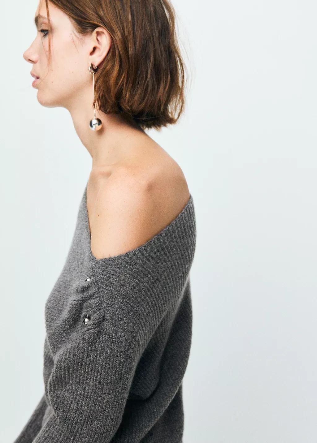 Grey Asymmetrical Sweater With Metallic Detail, Medium Grey, large image number 4