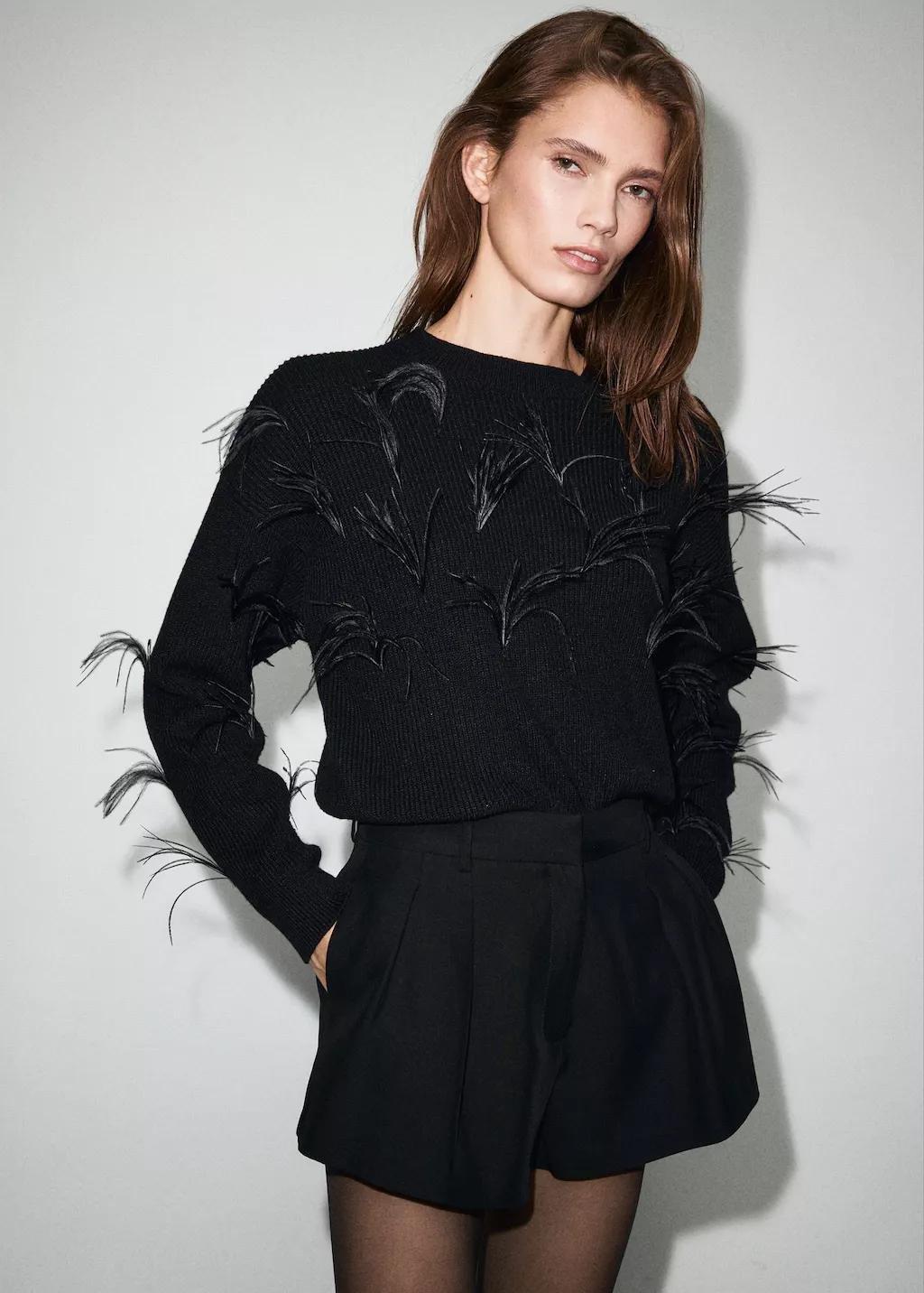 Black Knitted Sweater With Feathers, Black, large image number 3