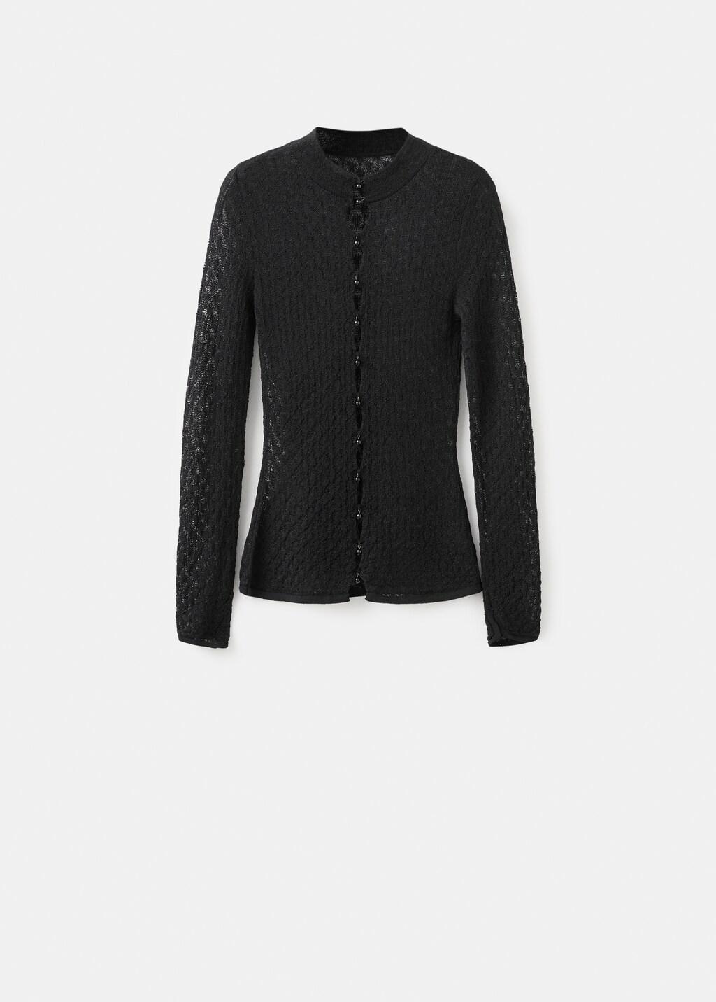 Black Openwork Knitted Sweater With Bead Fastening, Black, large image number 6