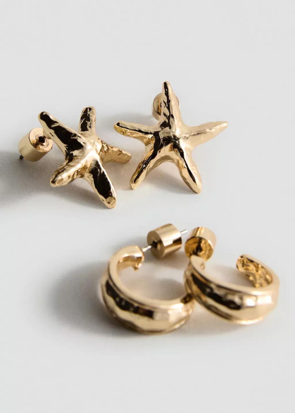 GOLD Set of combined textured earrings, Gold, medium