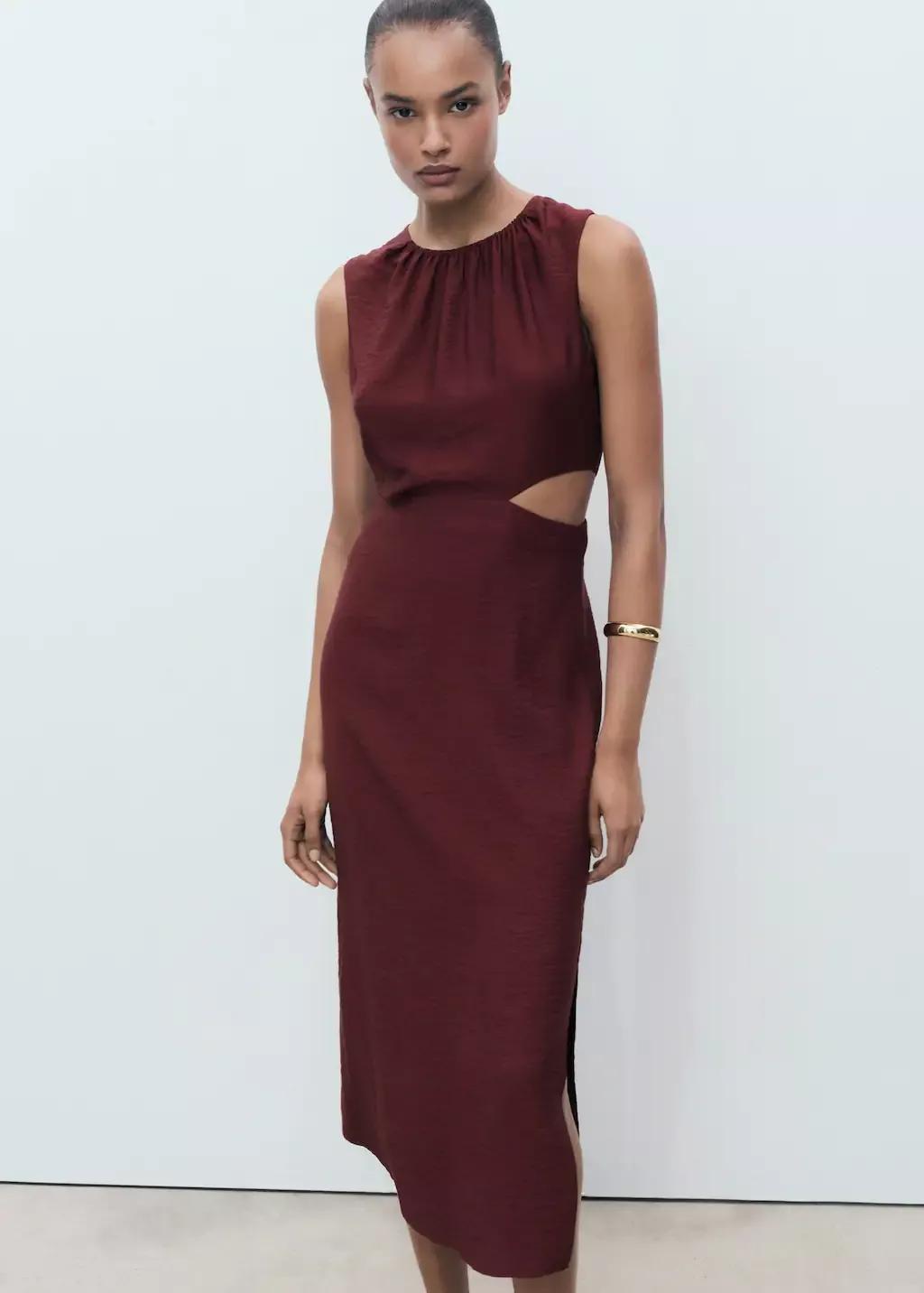 Burgundy Midi-Dress With Cut-Out, , medium
