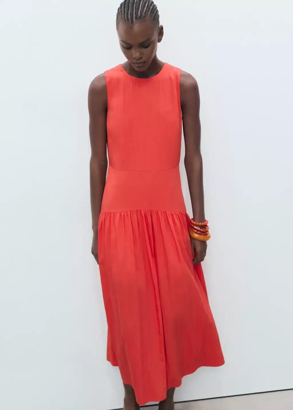 BRIGHT RED Long dress with gathered hem, No Colour, medium