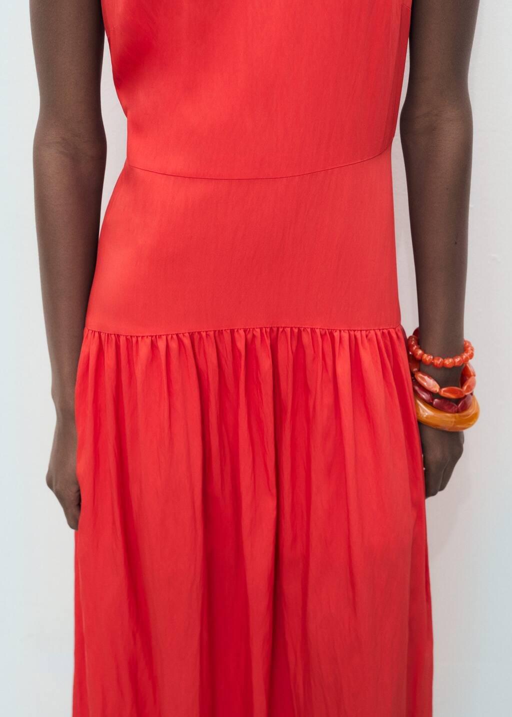 BRIGHT RED Long dress with gathered hem, No Colour, medium