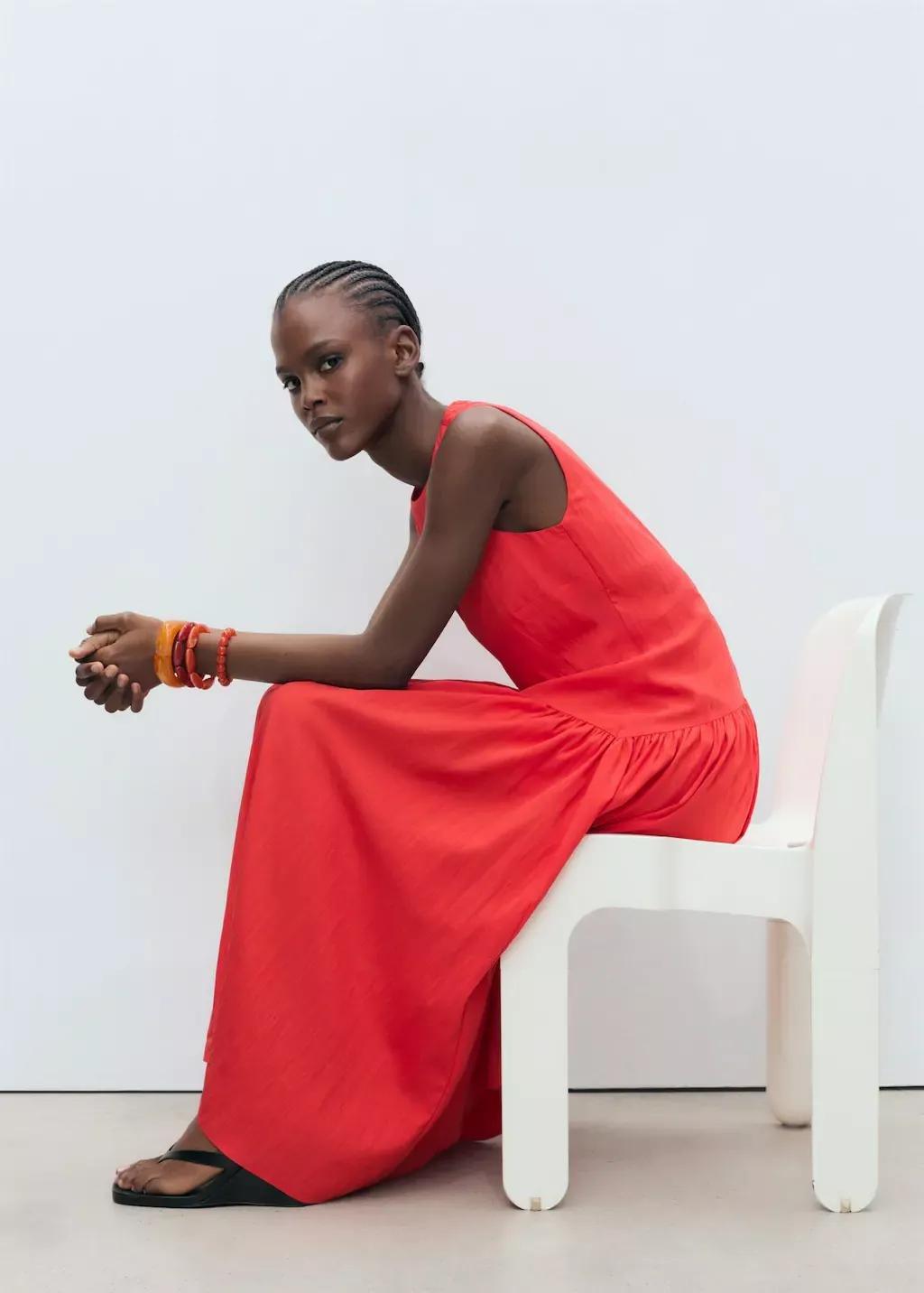 BRIGHT RED Long dress with gathered hem, No Colour, medium