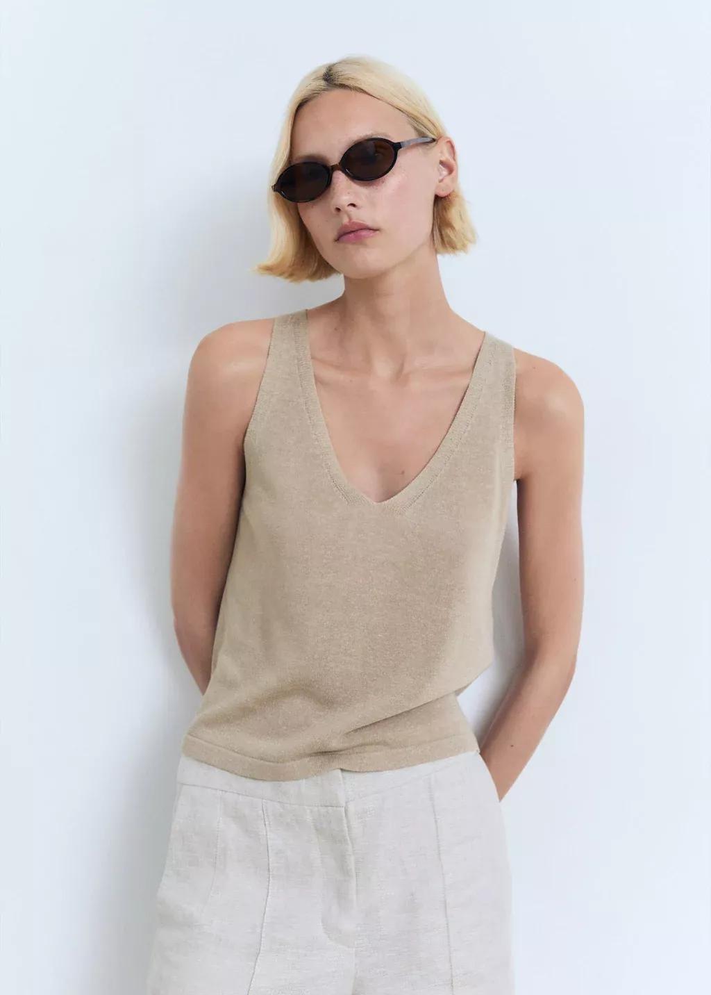 Beige V-Neck Knit Top, , large image number 0