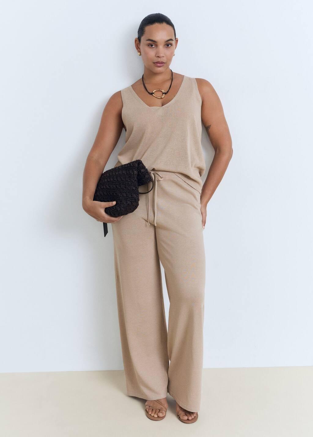 Beige V-Neck Knit Top, , large image number 2