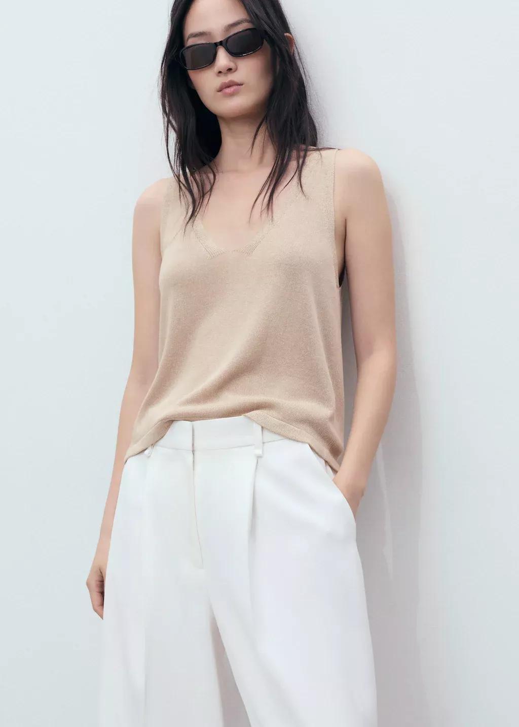 Beige V-Neck Knit Top, , large image number 3