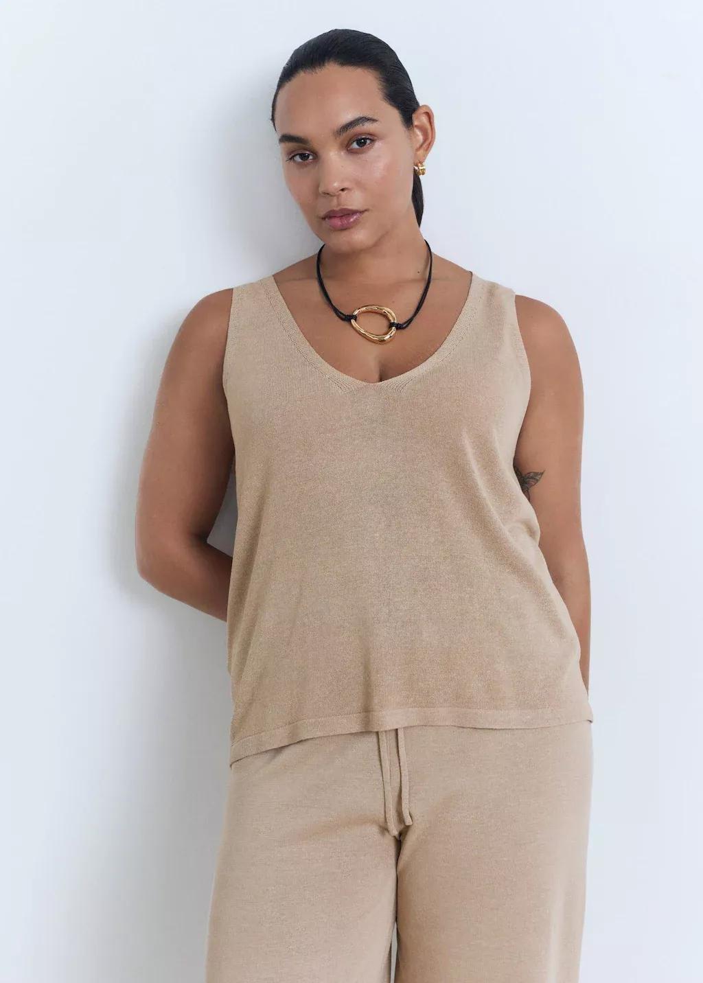 Beige V-Neck Knit Top, , large image number 6
