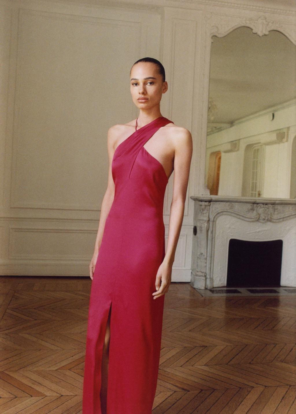 Red Cross-Neckline Slit Dress, , large image number 1