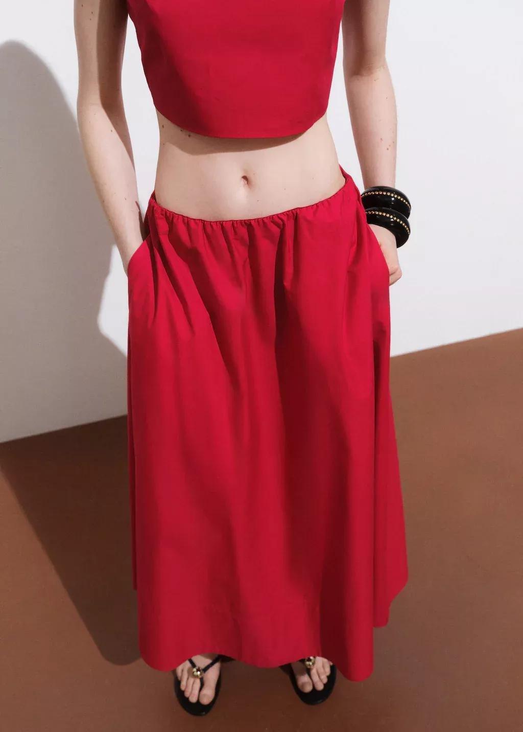 Red Flared Cotton Skirt, , large image number 1