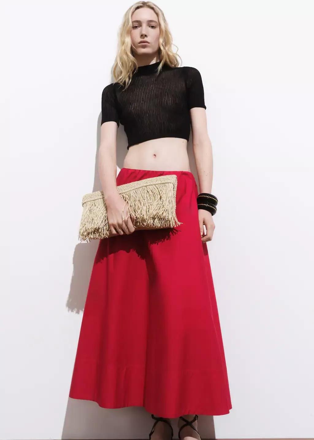 Red Flared Cotton Skirt, , large image number 3