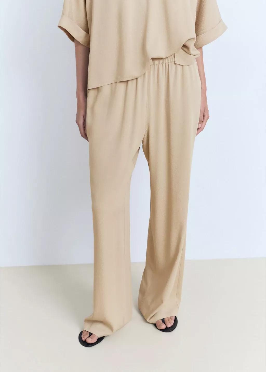 Beige Straight-Fit Trousers With Elastic Waist, Light Beige, medium