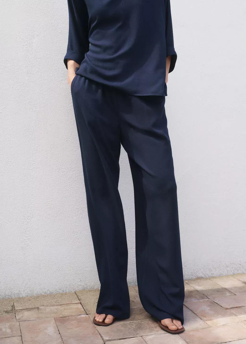 Navy Straight-Fit Trousers With Elastic Waist, , large image number 1