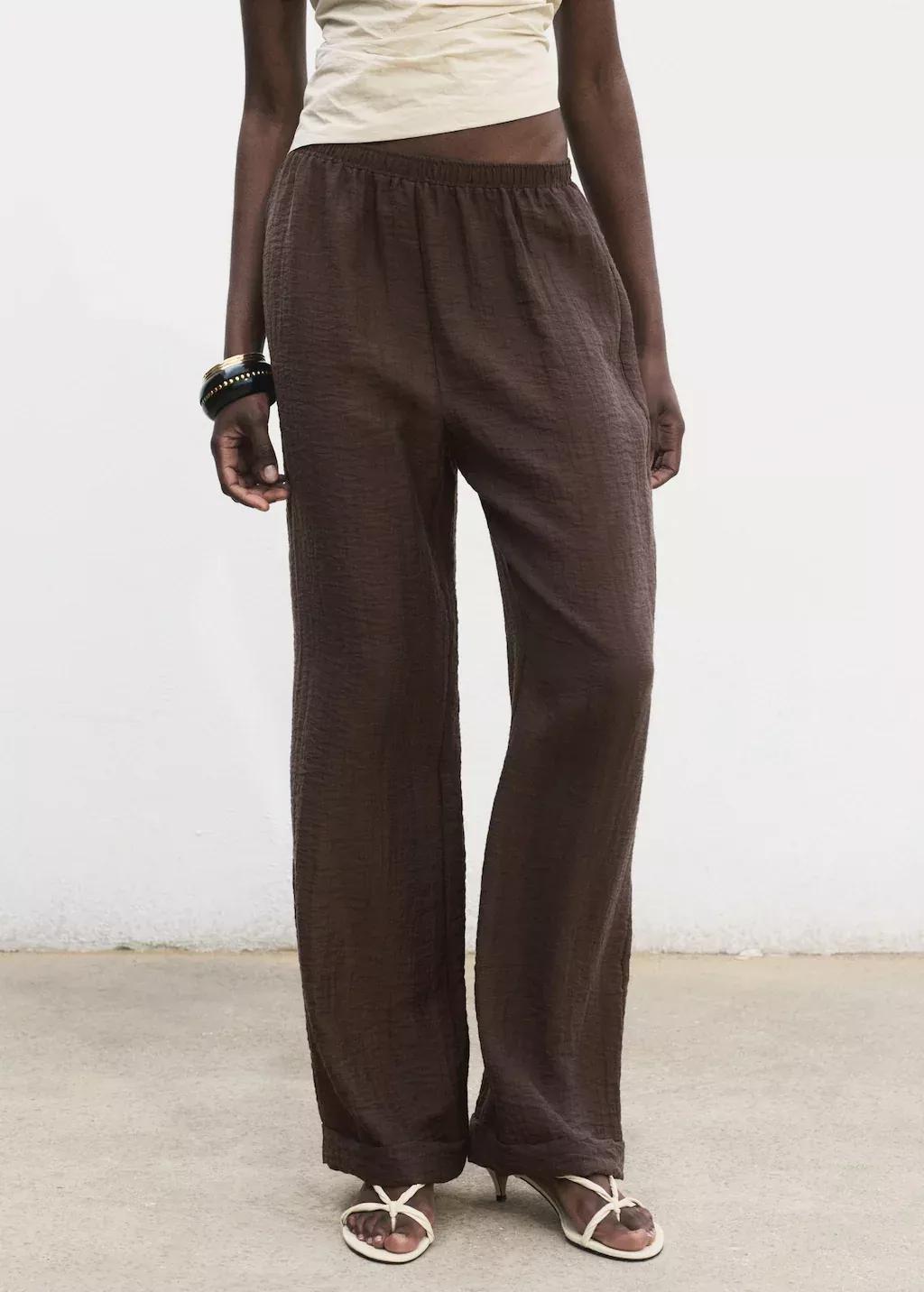 Brown Lyocell Trousers With Elastic Waistband, Dark Brown, large image number 1