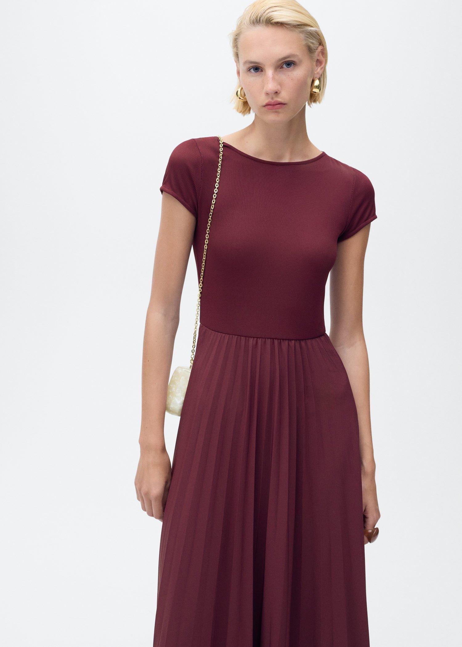 Red Combined Pleated Dress, , large image number 0