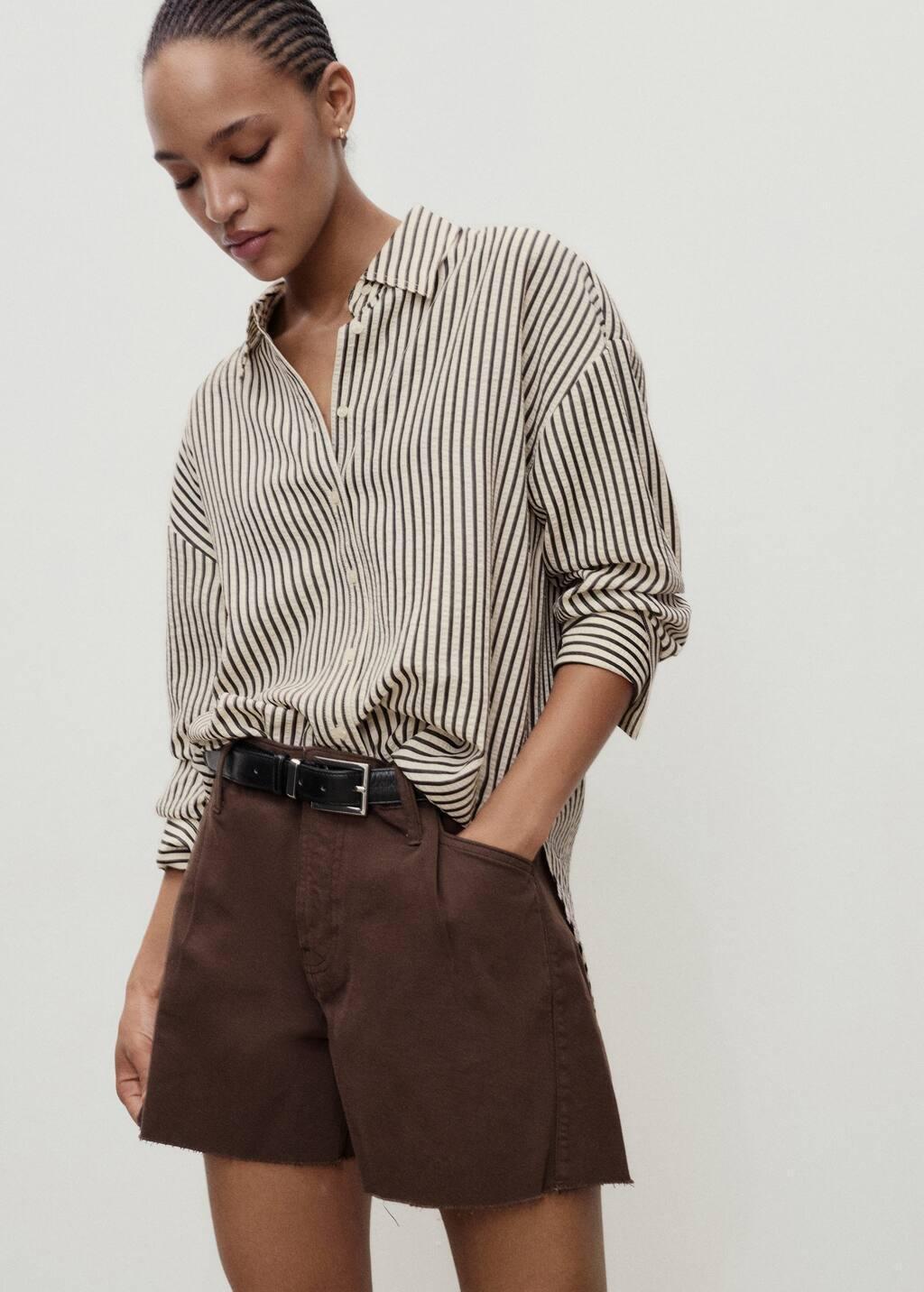 DARK BROWN Denim shorts with frayed hem and pleats, , large image number 1