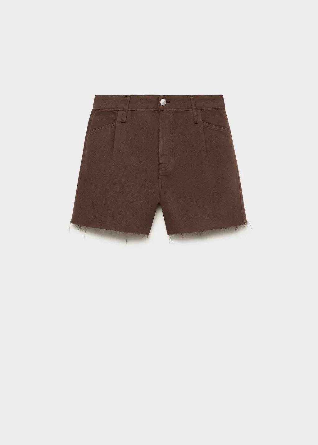 DARK BROWN Denim shorts with frayed hem and pleats, , large image number 3