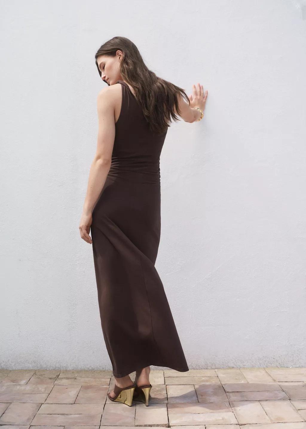 Brown Asymmetrical Dress With Gathered Strap, , large image number 5