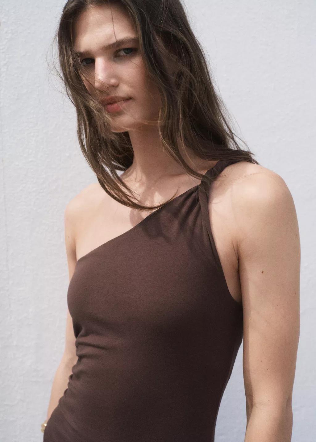 Brown Asymmetrical Dress With Gathered Strap, , large image number 8