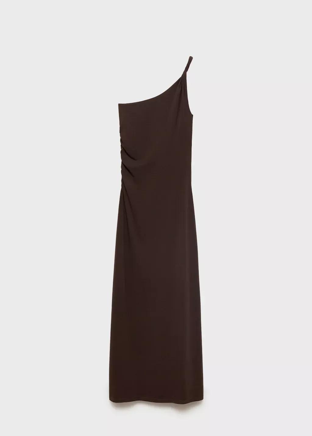 Brown Asymmetrical Dress With Gathered Strap, , large image number 10