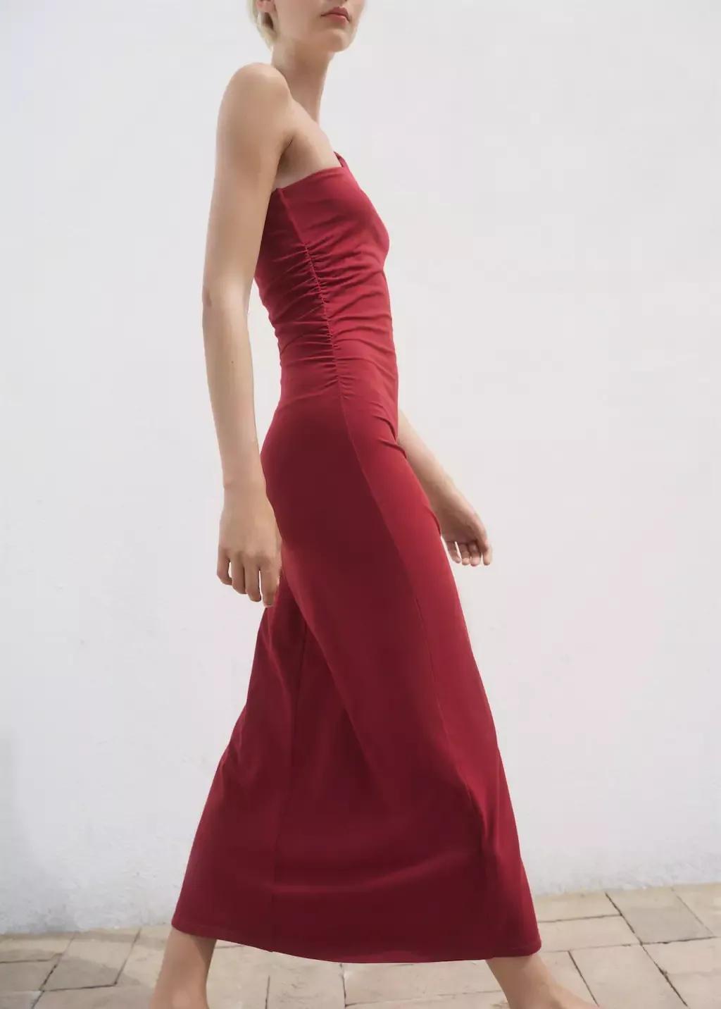 Red Asymmetrical Dress With Gathered Strap, Dark Red, large image number 1
