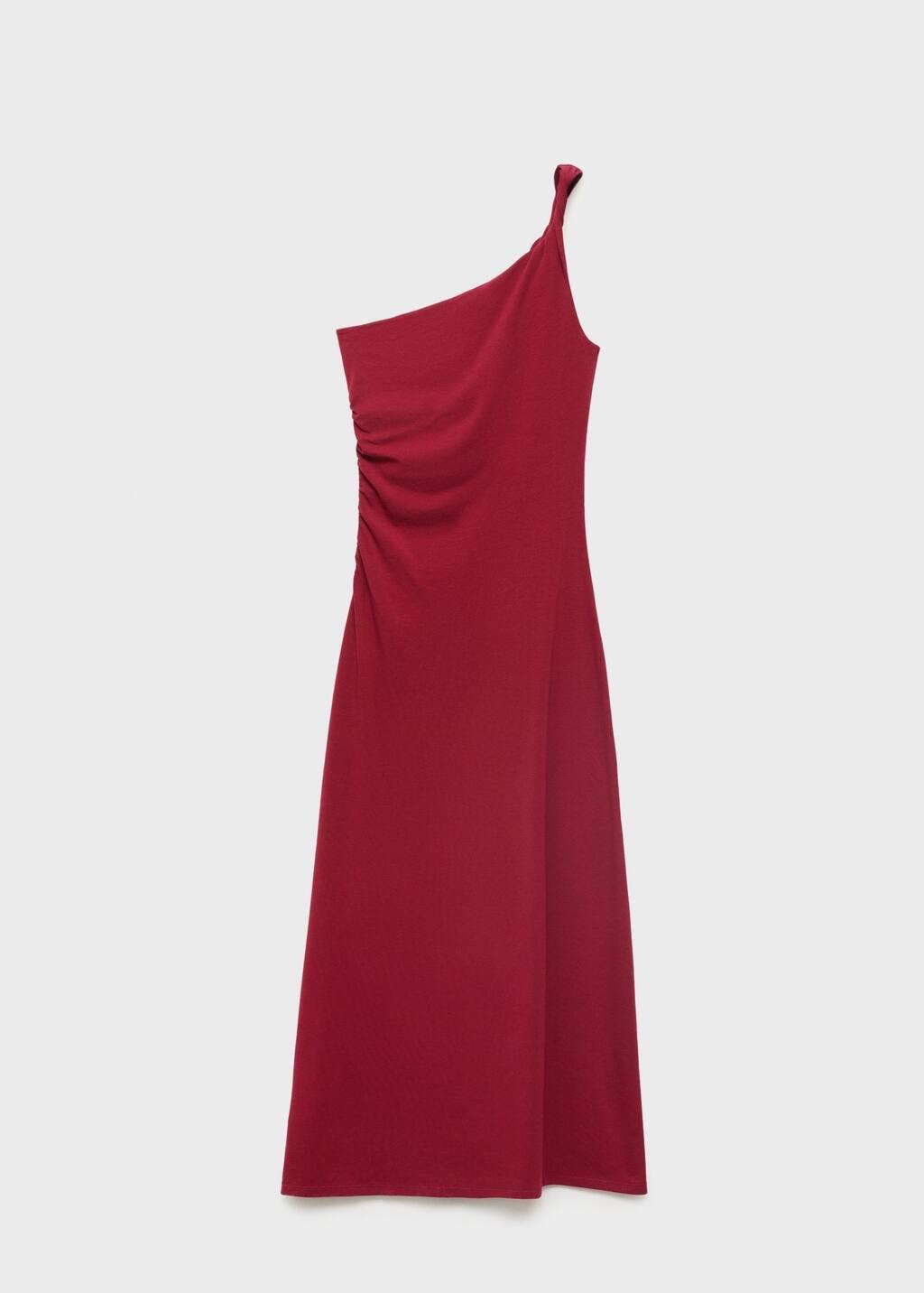 Red Asymmetrical Dress With Gathered Strap, Dark Red, large image number 6