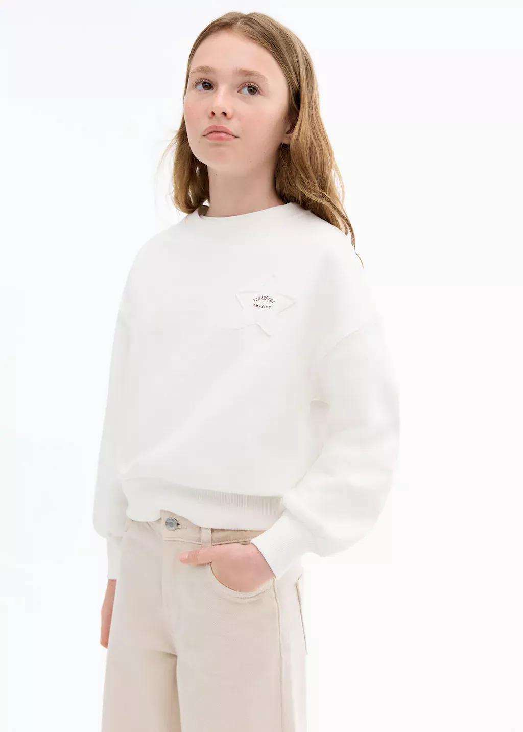 White Sweatshirt With Embroidered Star, Kids Girls, , large image number 0