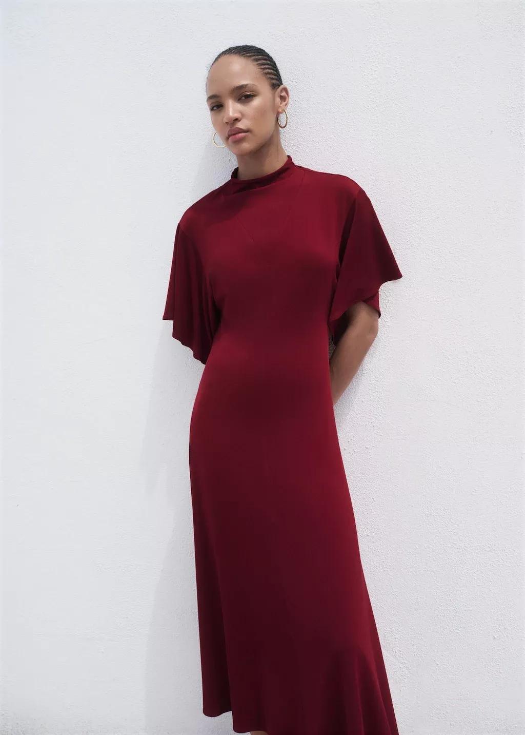Red Bell Sleeve Flared Dress, Dark Red, medium