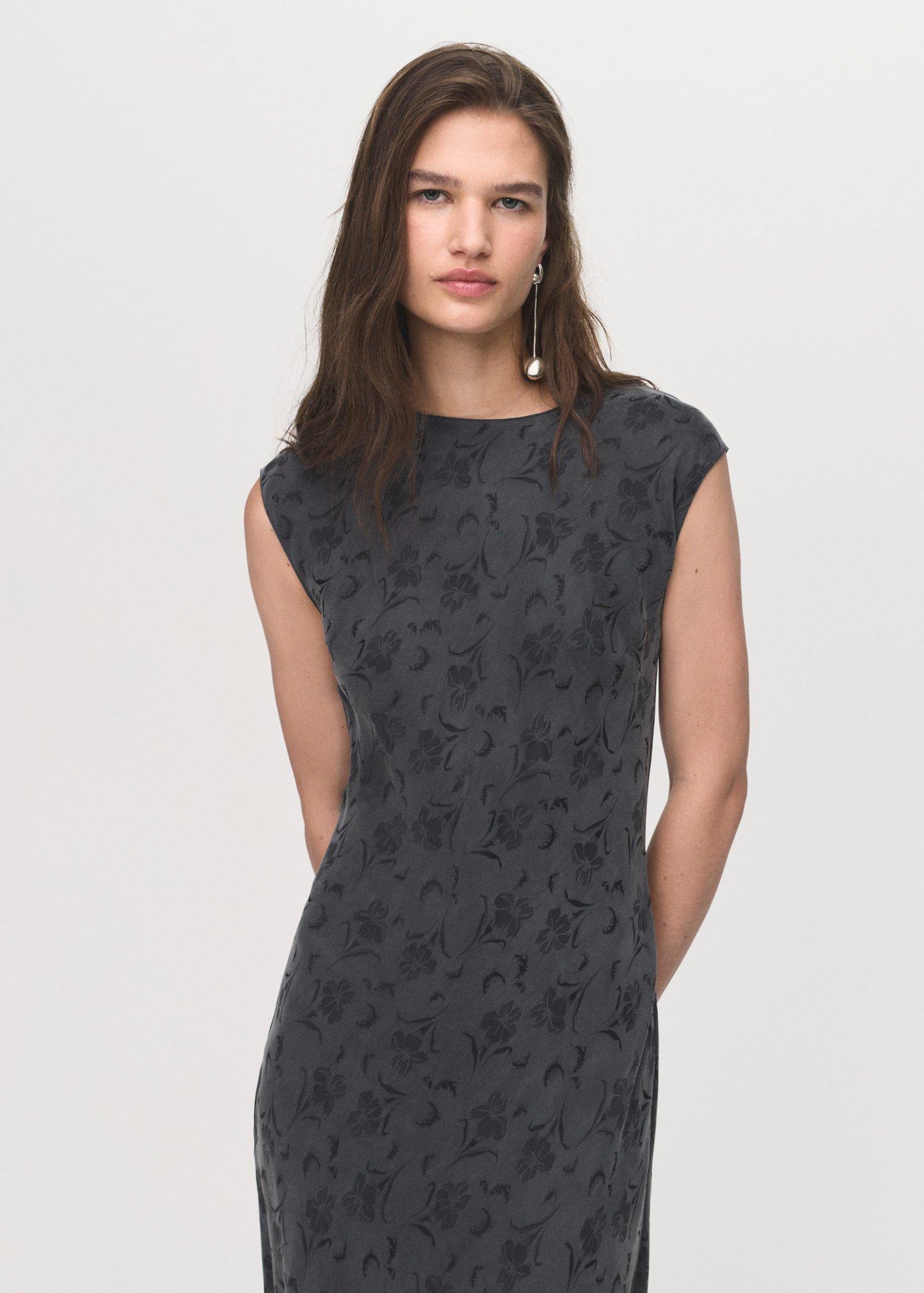 Grey Satin Floral Jacquard Dress, , large image number 0
