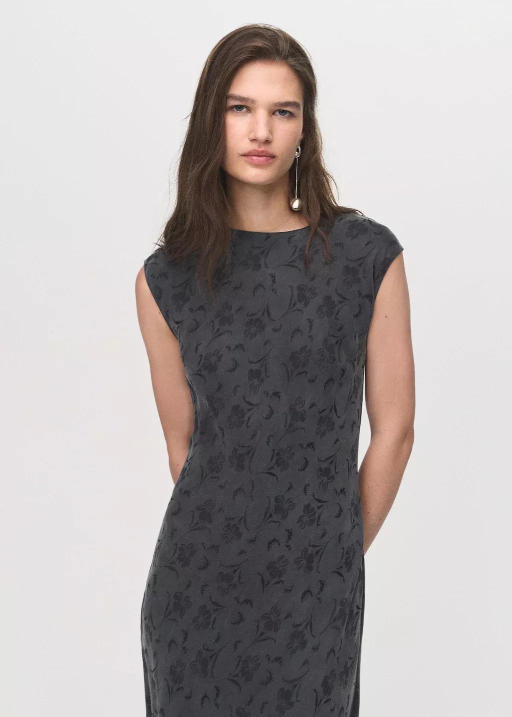 Grey Satin Floral Jacquard Dress, , large image number 1