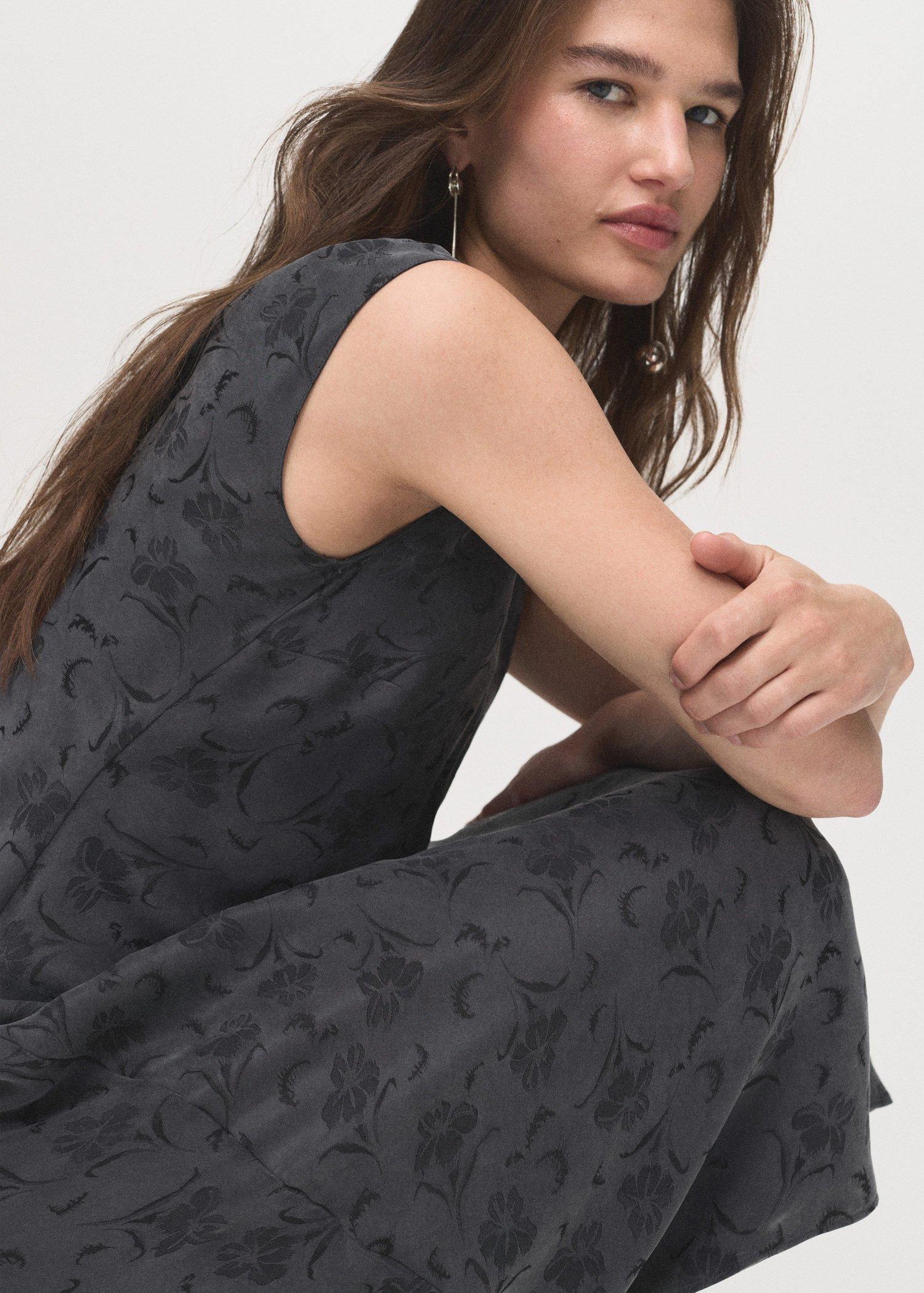 Grey Satin Floral Jacquard Dress, , large image number 4