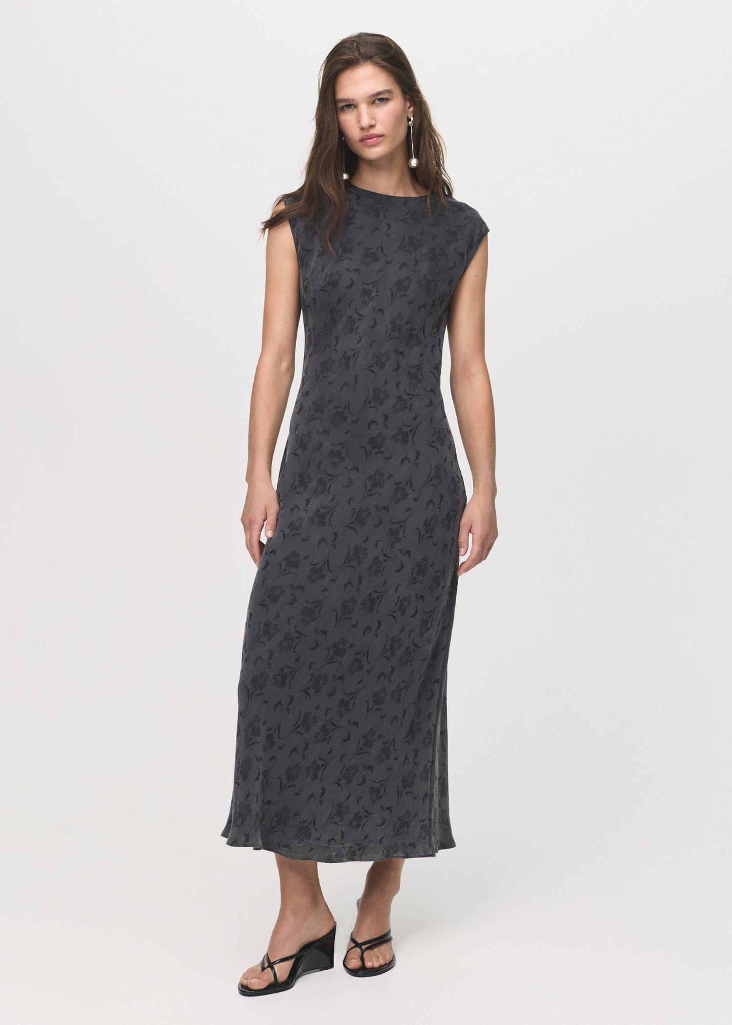 Grey Satin Floral Jacquard Dress, , large image number 6