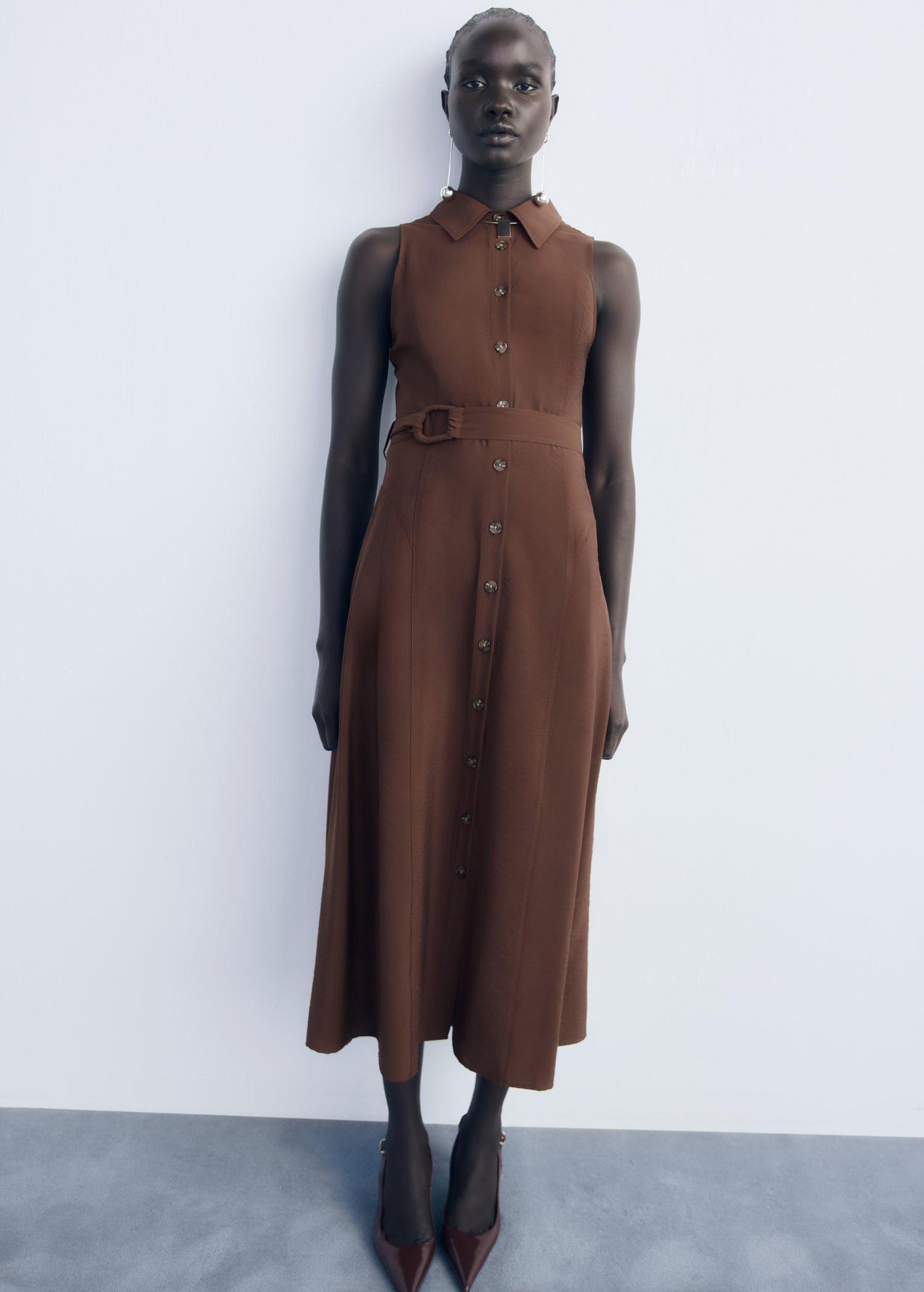 Brown Belt Shirt Dress, Brown, large image number 10