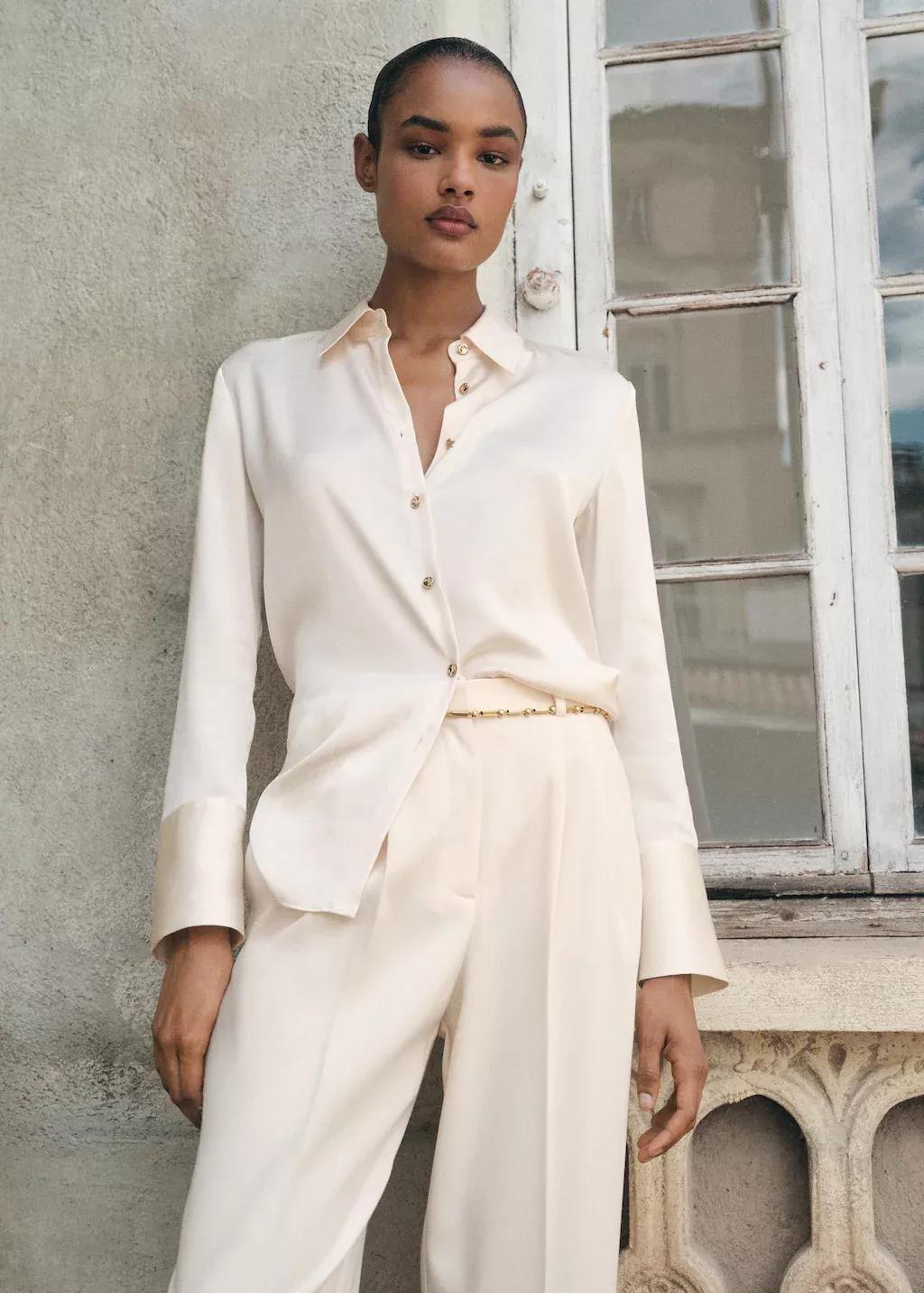 LIGHT BEIGE Satin finish flowy shirt, , large image number 1