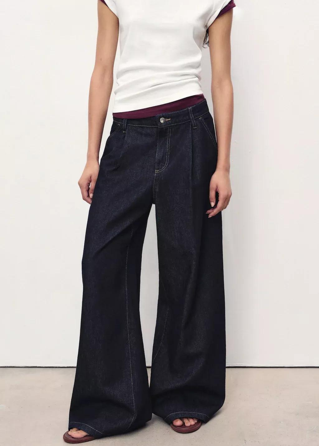 Blue Wide-Leg Pleated Jeans, , large image number 0