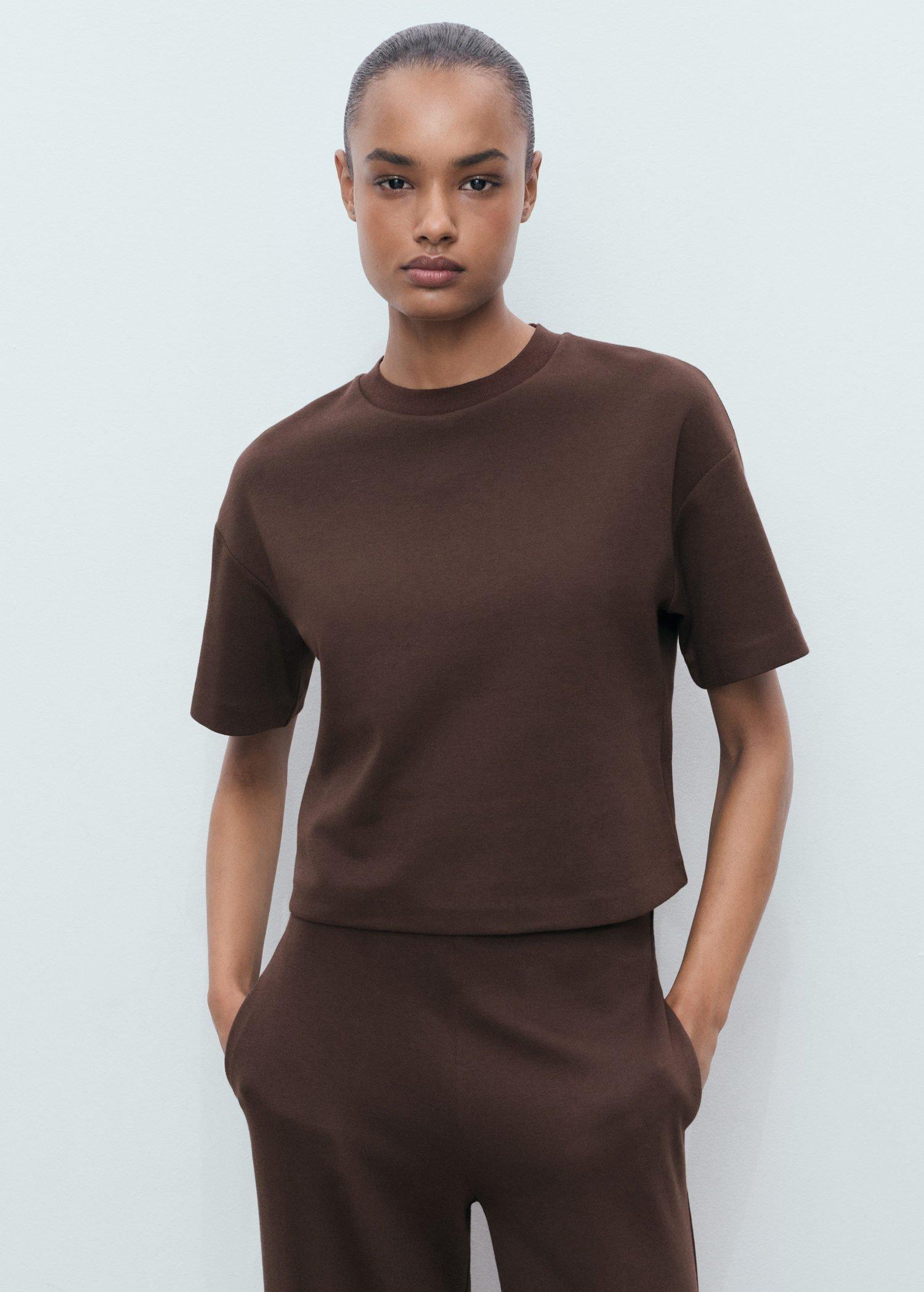 Brown Cotton Short-Sleeved T-Shirt, 0201_30, large image number 6
