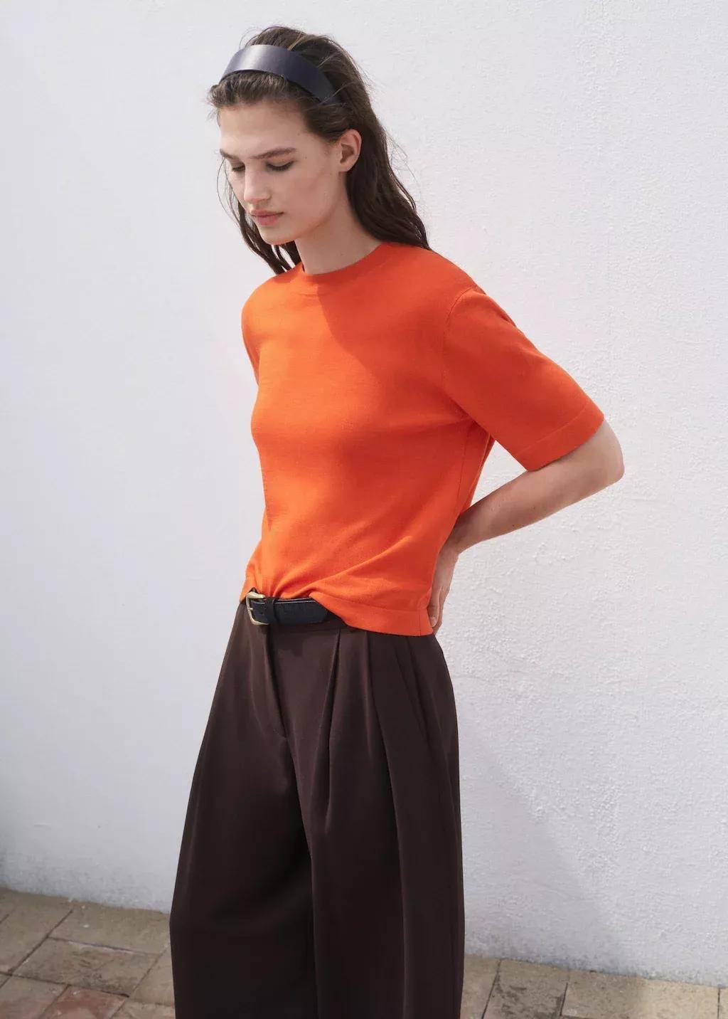 Orange Short-Sleeved Fine-Knit Sweater, 0201_27, large image number 1