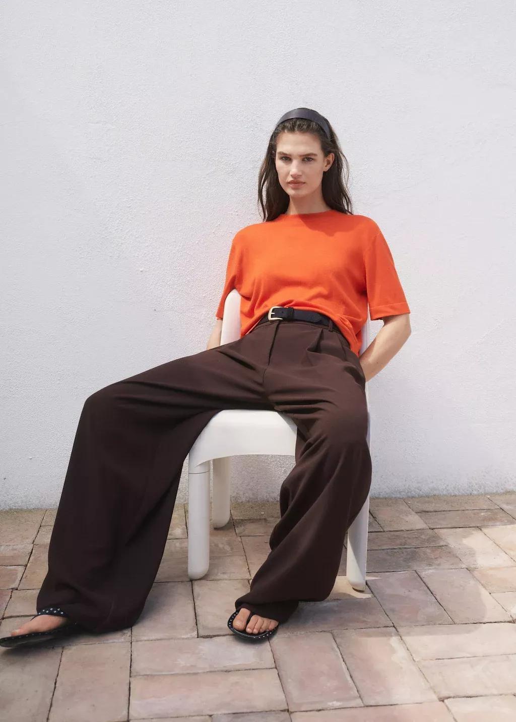 Orange Short-Sleeved Fine-Knit Sweater, Dark Orange, large image number 3